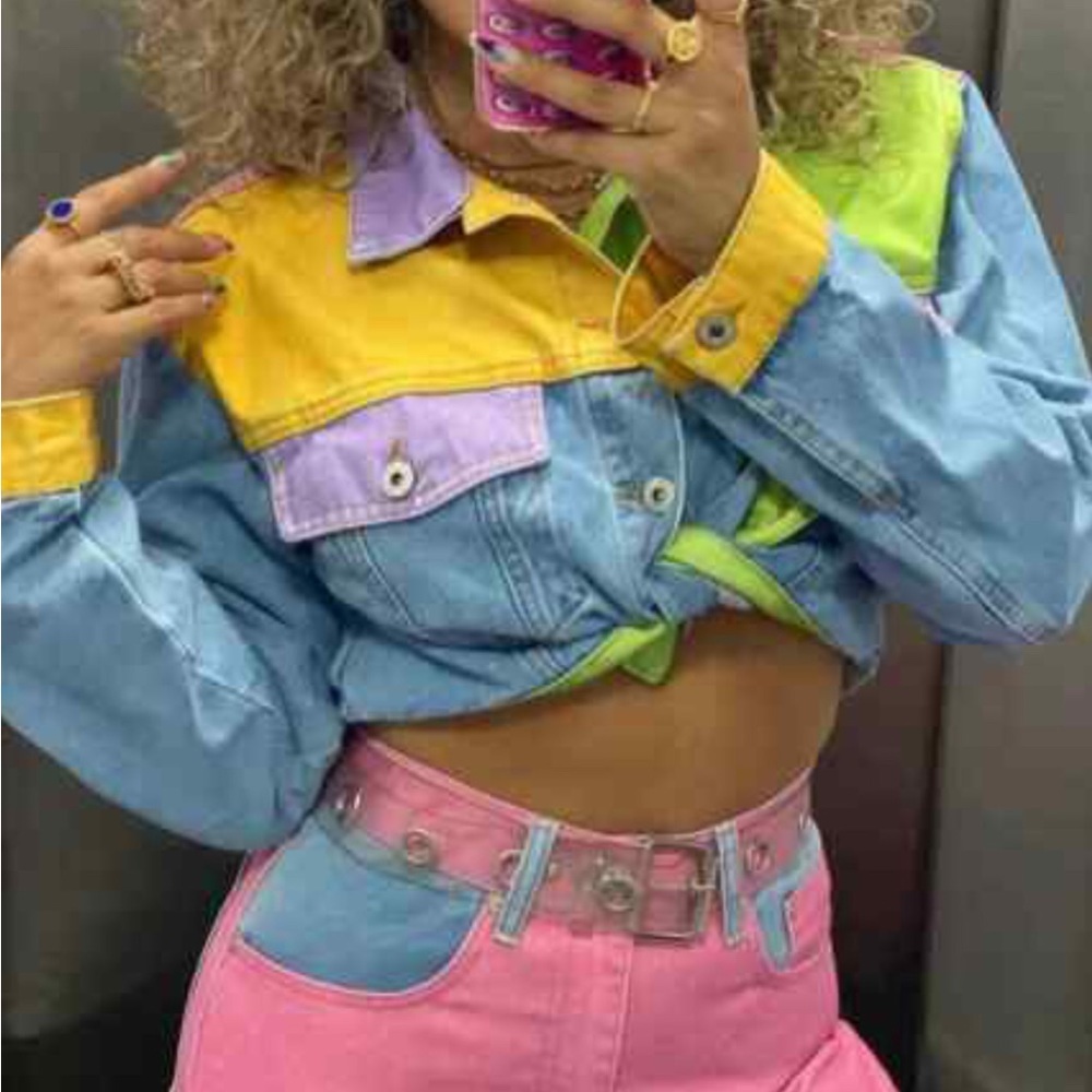 The Ragged Priest Crop Jacket in pastel patchwork denim